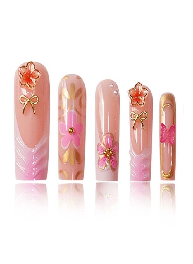 Foccna Pink Press on Nails Artificail Long, French Square Fake Nails, 3D Flowers Acrylic for Women Reusable Nail Kit,24pcs, Gorgeous Nails - Image 5